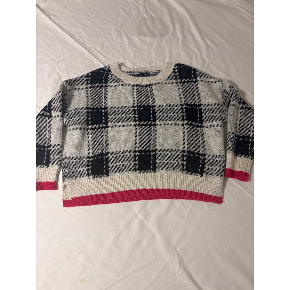 Aqua Plaid Sweater Womens Medium White Blue Pink Trim Wool Blend